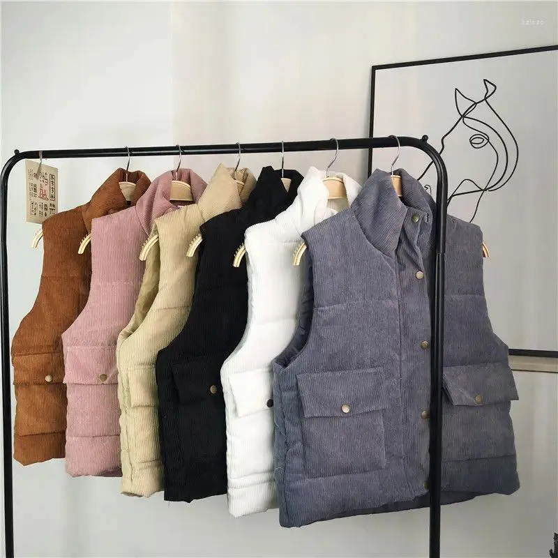 Damesvesten herfst en winter effen kleur mode corduroy warm vest enkele rij knopen opstaande kraag zak mouwloze jassen