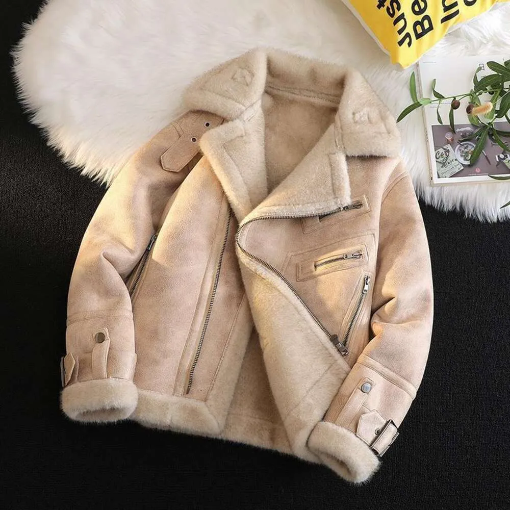 Leather and Fur Integrated Jacket Mens Mink Plush Thickened Work Clothes Couple Motorcycle Clothing Lamb Wool Trendy IRMF