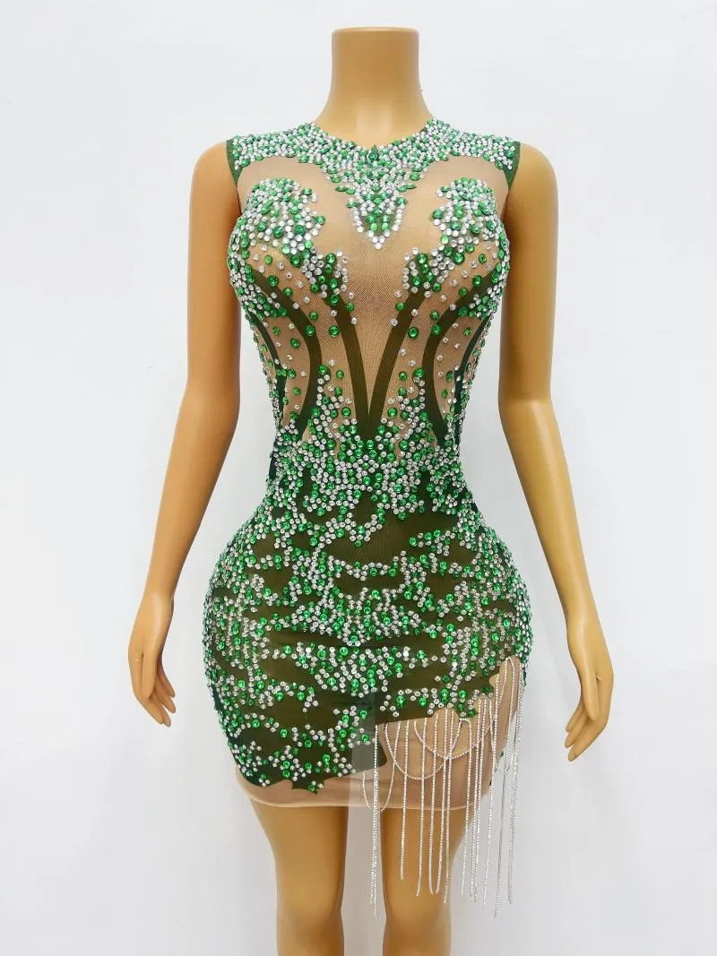 Stage Wear Design Silver Green Rhinestones Chains Transparent Dress Birthday Celebrate Costume Dance Performance Outfit