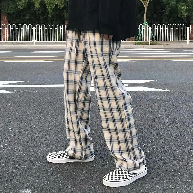 Herenbroek HOUZHOU Plaid Mannen Koreaanse Geruite Broek Mannelijke Streetwear Mode Casual Bodems Zomer Wijde Pijpen Harajuku Ademend