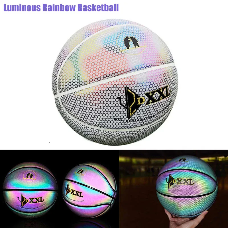 Lysande basket Pu Leather Training Reflective Balls Färgglad regnbåge för inomhus utomhusspel Kvinnor Män sporttillbehör 240127