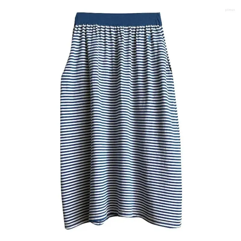 Skirts Women's Embroidered Blue Striped Knit Skirt 2024 Fashion Vintage Female Loose Straight Elastic High Waist Casual Midi Jupe