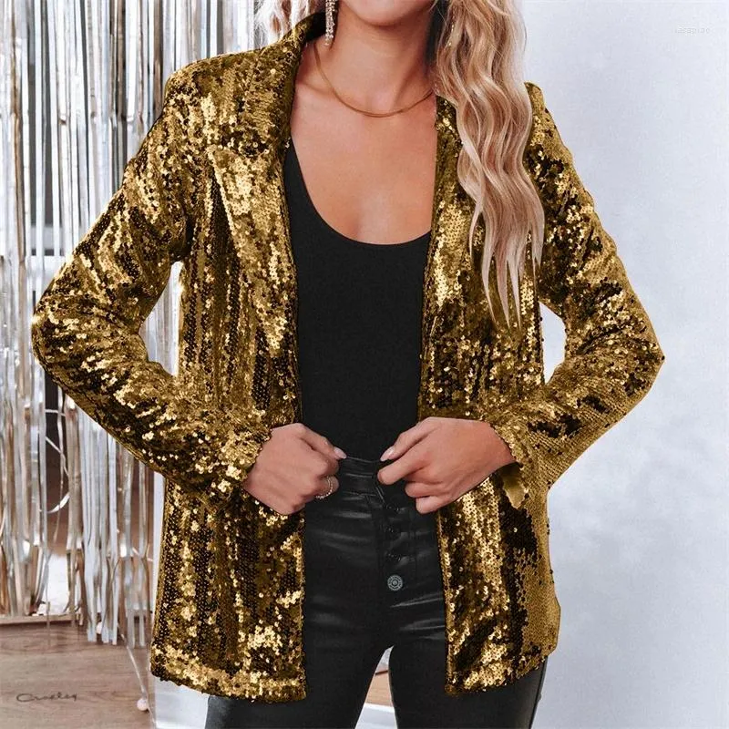 Costumes pour femmes 2024 Mode Paillettes Costume Veste Femmes Streetwear Blazers Lâche Manteau Printemps Automne Femelle Golden Paillette Vêtements D'extérieur Casual