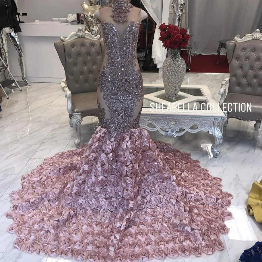 Rose Pink African Mermaid Evening Ceremony Dresses for Women Sparkly Crystal Floral Bottom Birthday Prom Gown for Black Girl