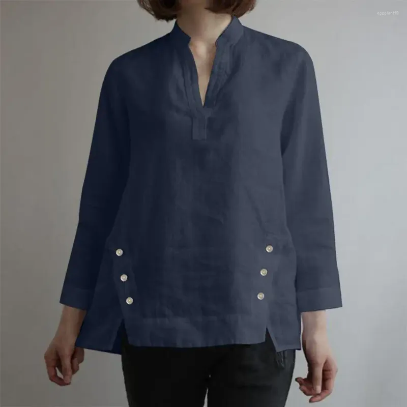 女性のブラウス女性スプリングトップビンテージボタン装飾スタンドカラーTシャツ不規則なスプリットヘムソフトカジュアルレディ