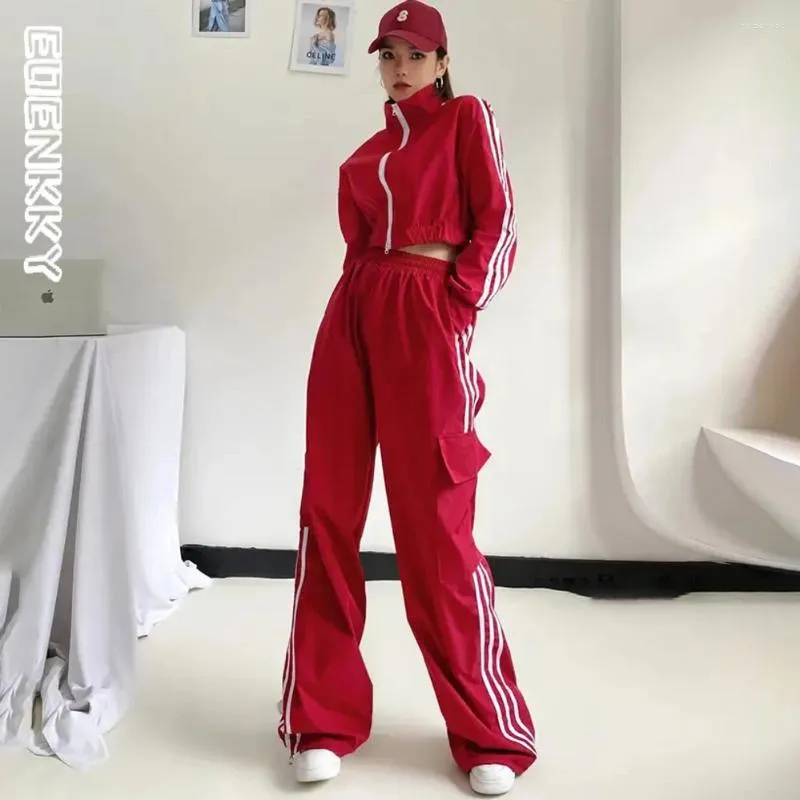 Women's Two Piece Pants 2 Women Striped Tracksuit Wide-leg Pant Sets Korean Harajuku Fashion Casual Loose Red Joggers Sports Cropped Jacket