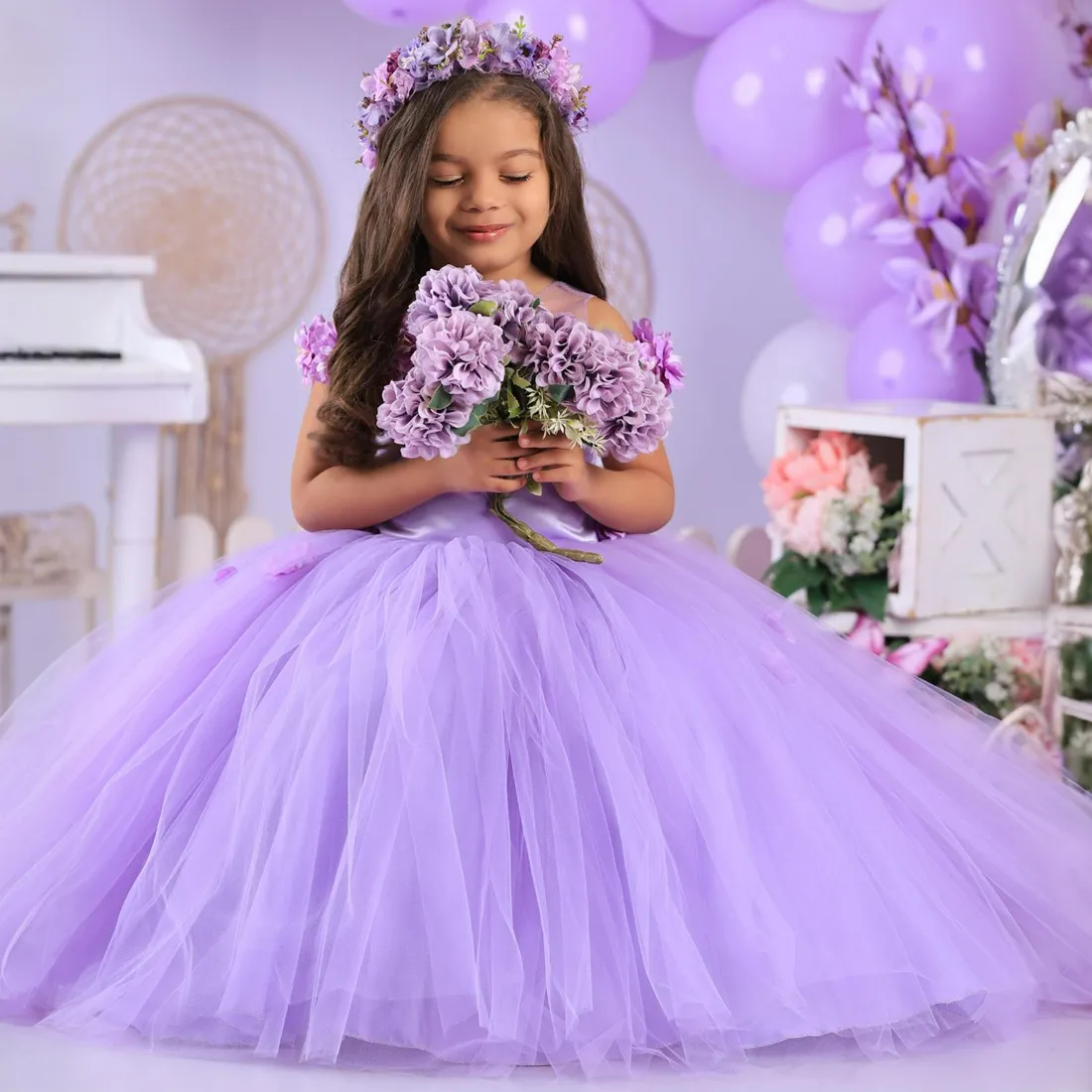 fitted lace wedding dress Lace and Tulle Off-The-Shoulder Lilac Flower Girl Full Length Gown 7034LI 4 / Lilac (Lavender) main image 1