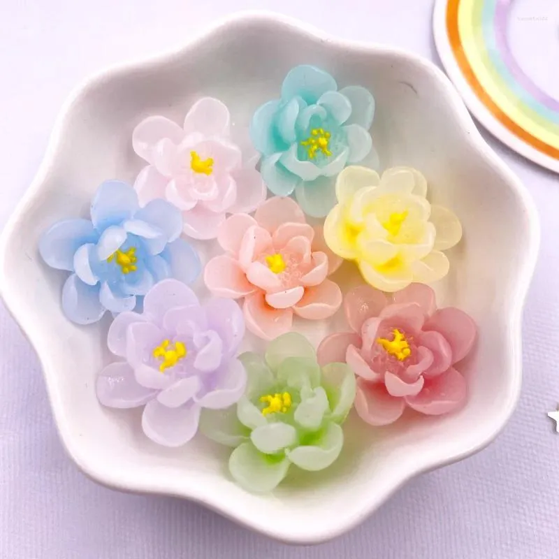 Decorative Figurines 22mm Resin Gradient Colorful Luminous Big Lotus Flatback Flower Rhinestone Scrapbook Ornament 10Pcs DIY Bow Craft OL7