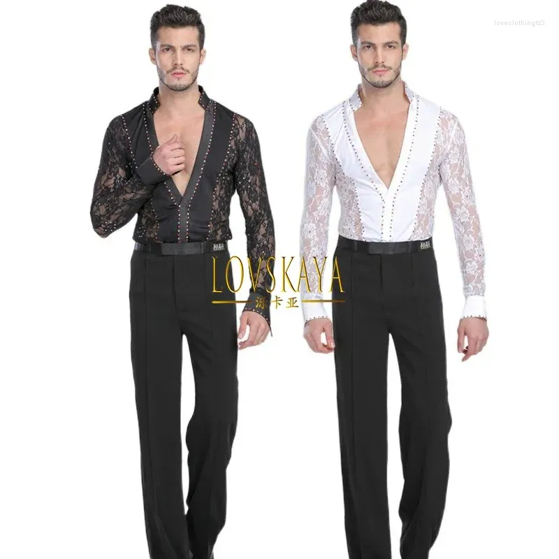 Stage Wear Man Shirts Garment Top Latin Dance Lace Black And White Waltz Performance