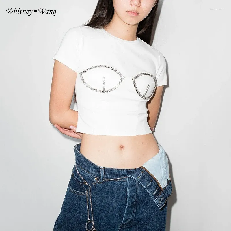 T-shirt da donna WHITNEY WANG Designer Style 2024 Moda estiva Streetwear Diamanti Perline Petto Vita alta Crop Top Donna T-shirt Lady