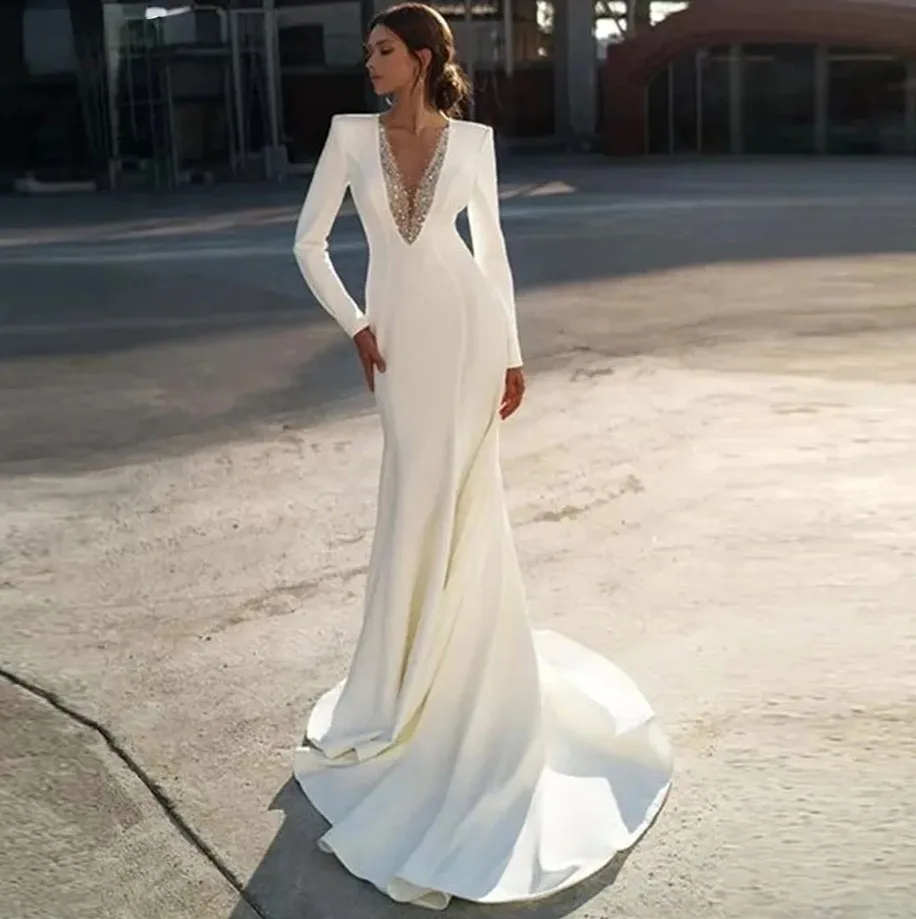 2024 Plus Size V-Neck Mermaid Wedding Dress Sexy Long Sleeves Beaded Satin Bridal Formal Gowns Vestidos De Novia Customed