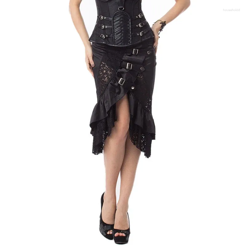 スカートブラックサテンレースベルト低いウエストの非対称ビンテージスチームパンクマキシスカートゴシック服プラス女性のサイズ