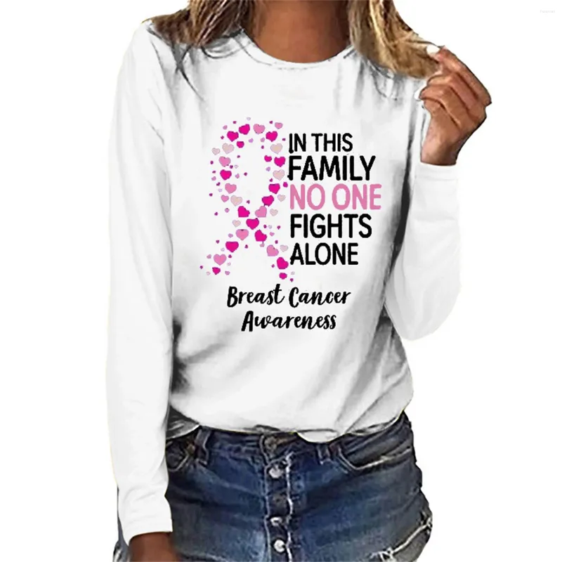 T-shirts pour femmes Sensibilisation au cancer du sein Ruban rose Cadeaux T-shirt Lettres imprimées T-shirts Mode Manches longues Haut col en o Vêtements esthétiques