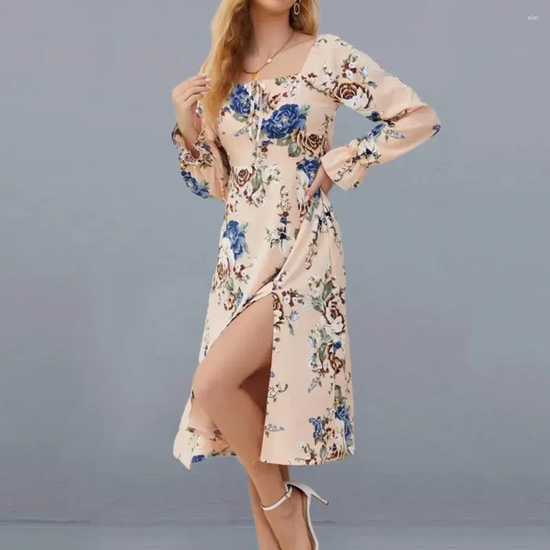 Vestidos casuais primavera vestido floral impressão quadrada pescoço midi com mangas bufantes plissadas volta mulheres comutar cintura apertada