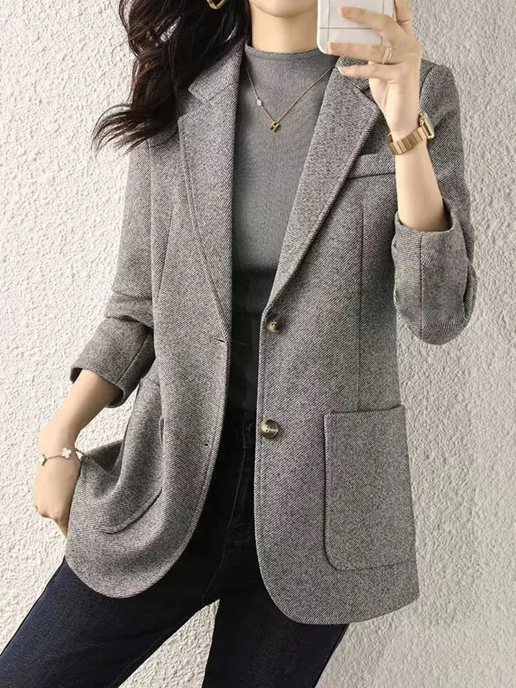 Zoki Harajuku Grau Tweed Blazer Frauen Retro Elegante Langarm Büro Dame Anzug Mantel Casual Herbst Einfache Tasten Design Jacke 240130