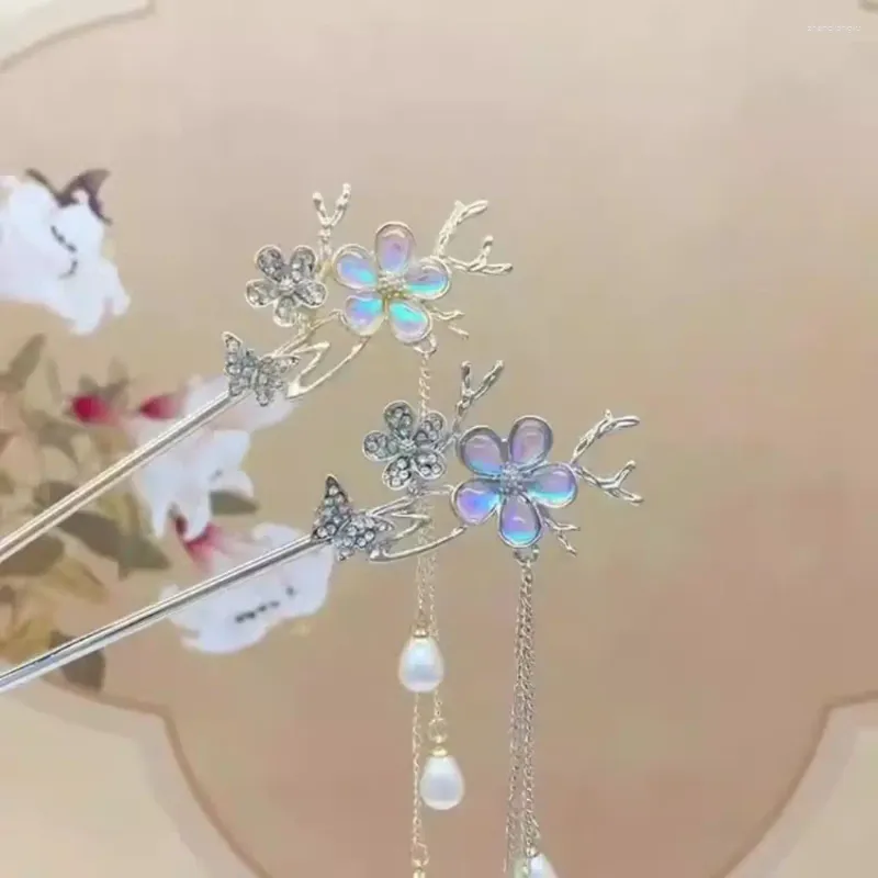 Pinces à cheveux avec pompon en perles et fleurs, bâtons en strass, couvre-chef Hanfu, bâtons de Style ancien pour alliage Long chinois