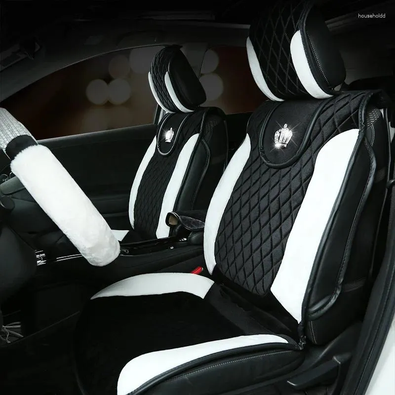 Housses de siège de voiture noir et blanc, ensemble complet pour femmes, couronne en peluche, coussins chauds et mignons d'hiver avec protection dorsale