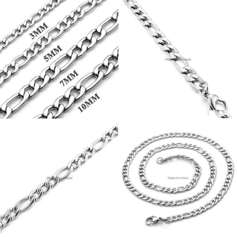 Chains M/5Mm/7Mm/10Mm Stainless Steel Flat Figaro Curb Cuban Chain Link For Men Women Necklace 18-30 Inch Length With Veet Bag Drop Dhygb