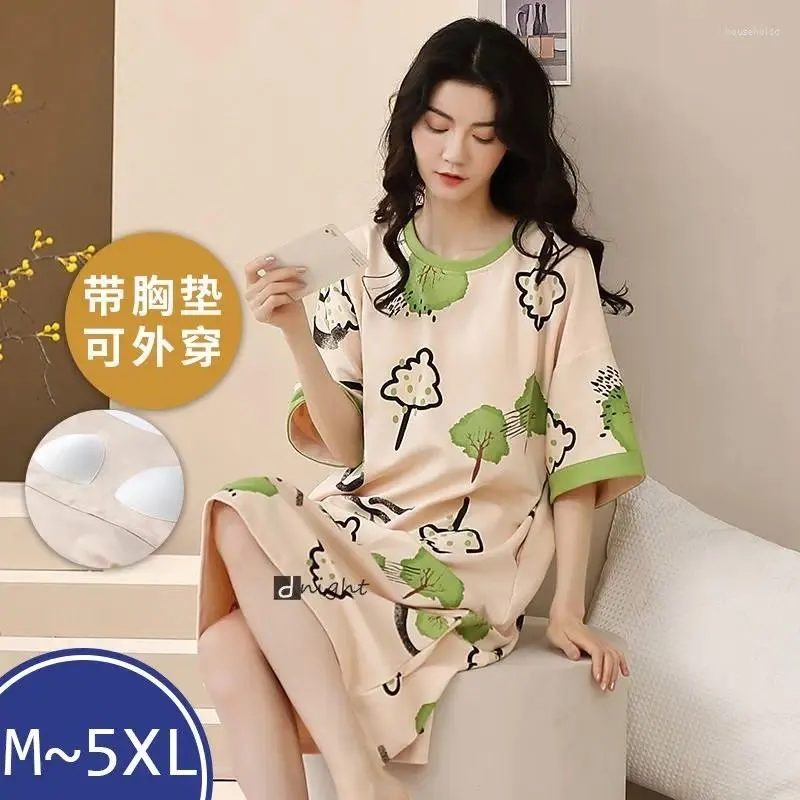 Женская одежда для сна M-5XL, летняя женская ночная рубашка из чистого хлопка больших размеров с нагрудной подушечкой для девочек, милое длинное мягкое корейское платье для сна с короткими рукавами