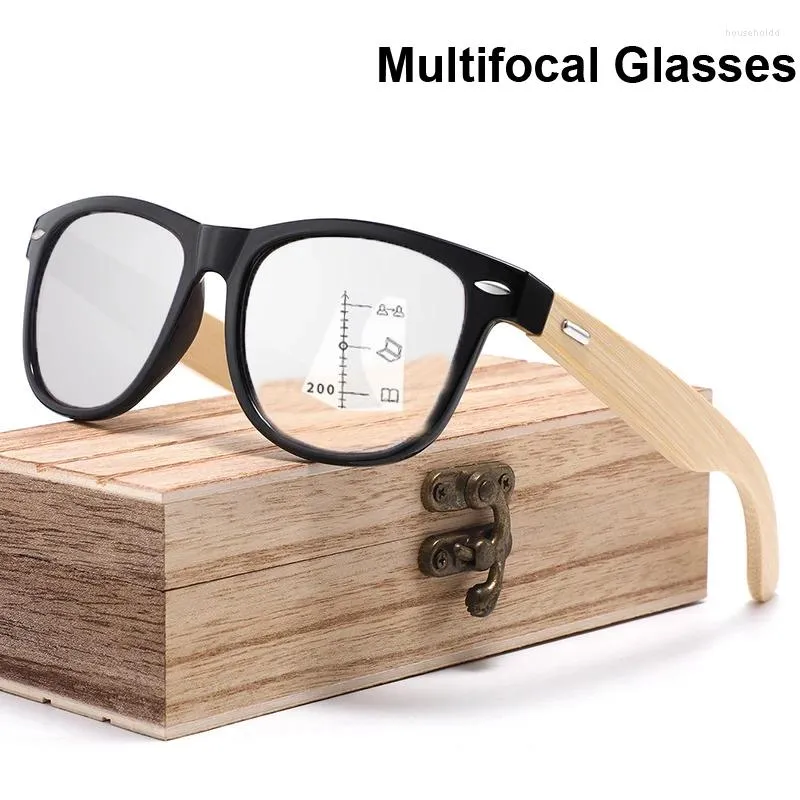 Solglasögon mode trend multifokala läsglasögon anti-blå ljus kvinnor män trä ben dator nära far syn presbyopia glasögon