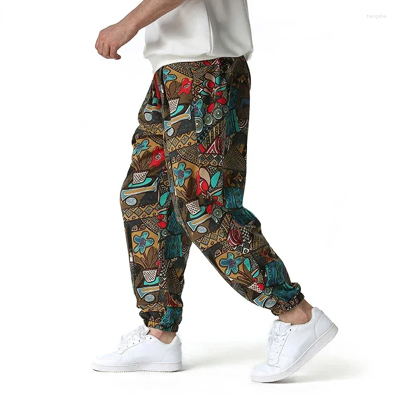 Calças masculinas moda tradicional nação impressão algodão linho corredores homens hip hop harem calças homens hippie casual streetwear sweatpants