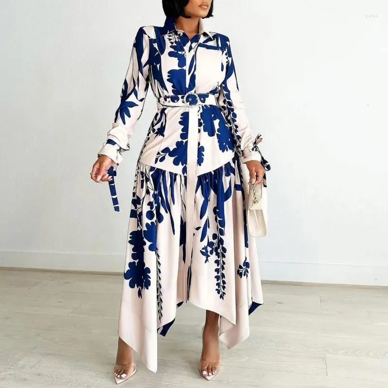 エスニック服女性のためのアフリカのプリントドレスビッグサイズファッションナイジェリアラペル長袖不規則なドレスローブフェム