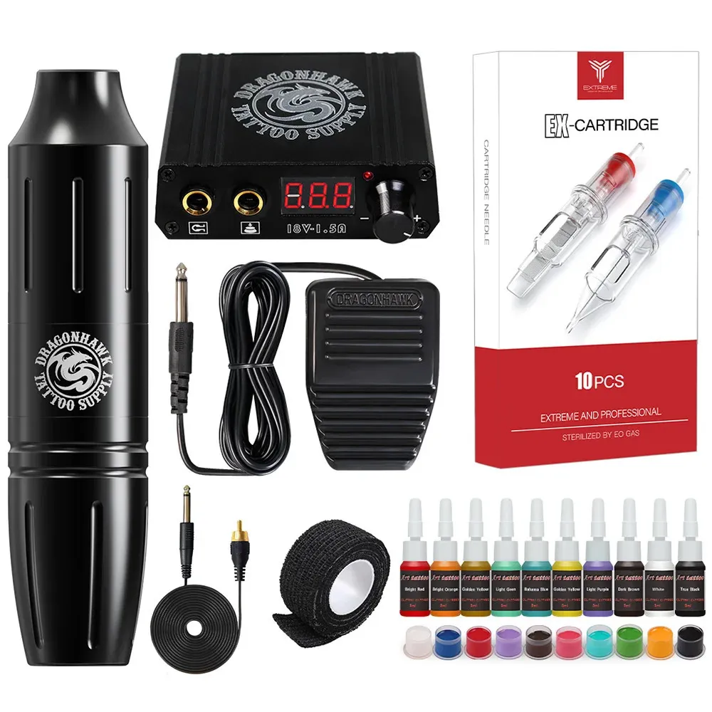 Bestverkopende roterende penpak Dragonhawk S11 Tattoo Pen Mini-voeding Voetpedaal Tattoo Supply Inkt Tattoo Machine Set 240124