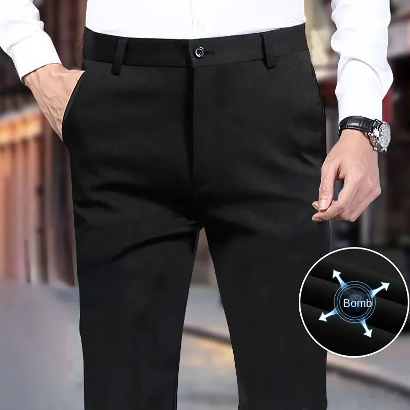 Mens Summer Casual Suit Pants Elastic Nonironing Trousers Men Black Thin Pants Slimfit Straight Business Formal Suit Trousers 240118