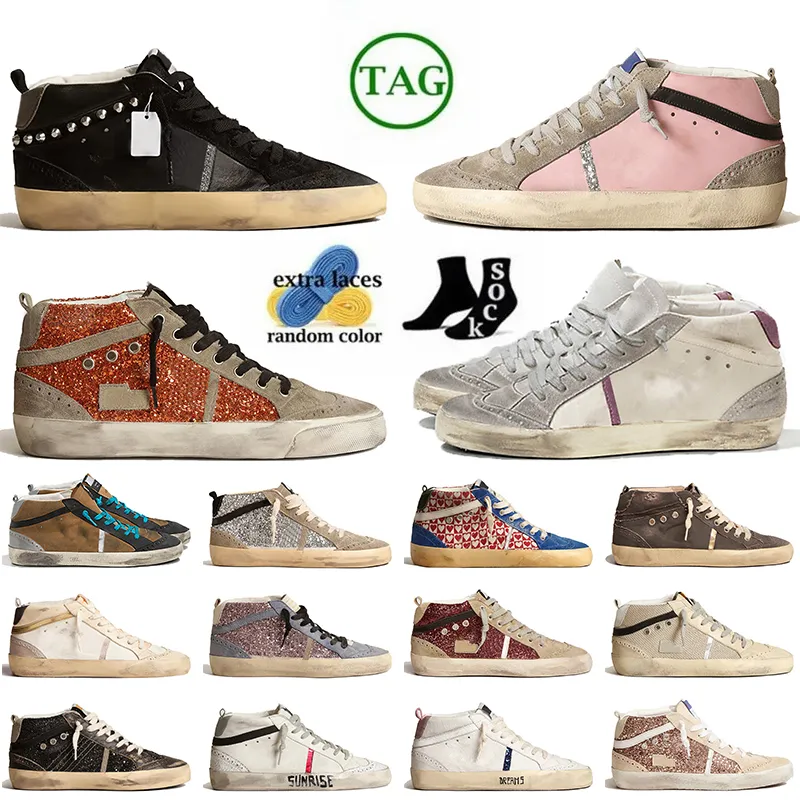 Modedesigner-Glitzer-Freizeitschuhe, Mid Star Italy Marke, handgefertigtes Wildleder, silberne Vintage-Plattform, Damen-Herren-Trainer, goldfarbene Nieten, rosa Zebra-Turnschuhe