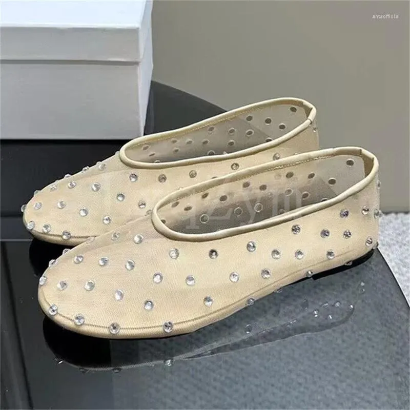 Kleid Schuhe Kristall Dekor Ballerinas Echtes Leder Frauen Runde Zehe Loafers Seide Sommer Schuh Mesh Aushöhlen Party Für