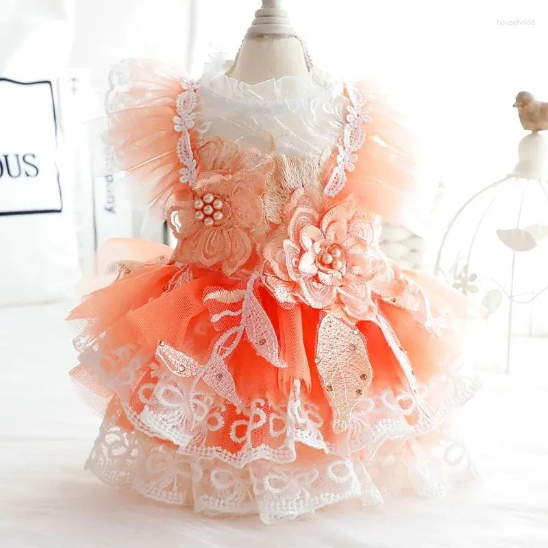 Dog Apparel Orange Wedding Skirt Clothes Embroidery Dress Dogs Clothing Fashion Kawaii Pet Costume Soft Spring Summer Ropa Para Perro