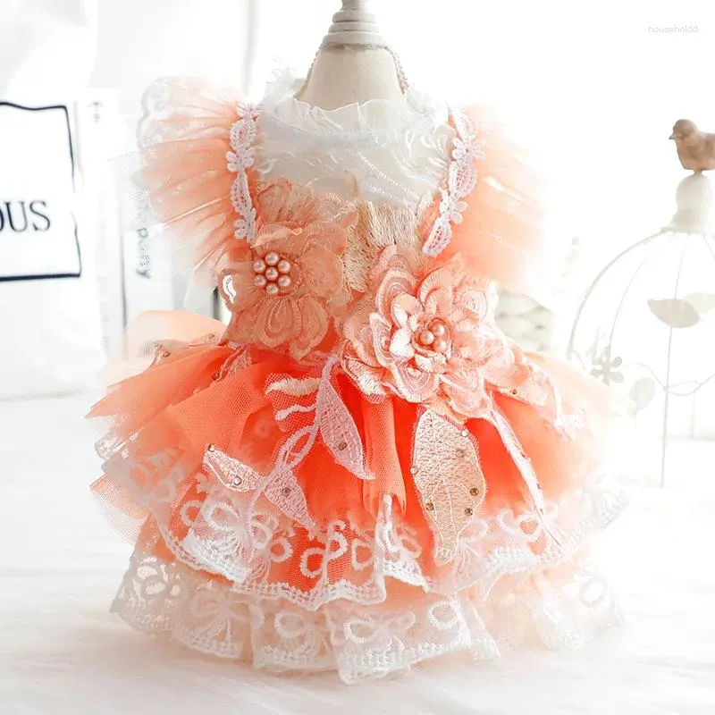 Vestuário para cães Laranja Saia de casamento Roupas Bordado Vestido Cães Roupas Moda Kawaii Pet Traje Suave Primavera Verão Ropa Para Perro