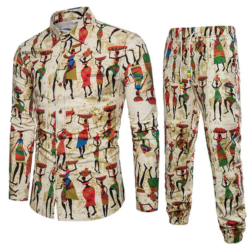 Summer Spring Fashion Fashion Print Mens Set Shirt مع Pant Tracksuits القمصان غير الرسمية بدعلة مسار الكتان القطنية بالإضافة إلى الحجم