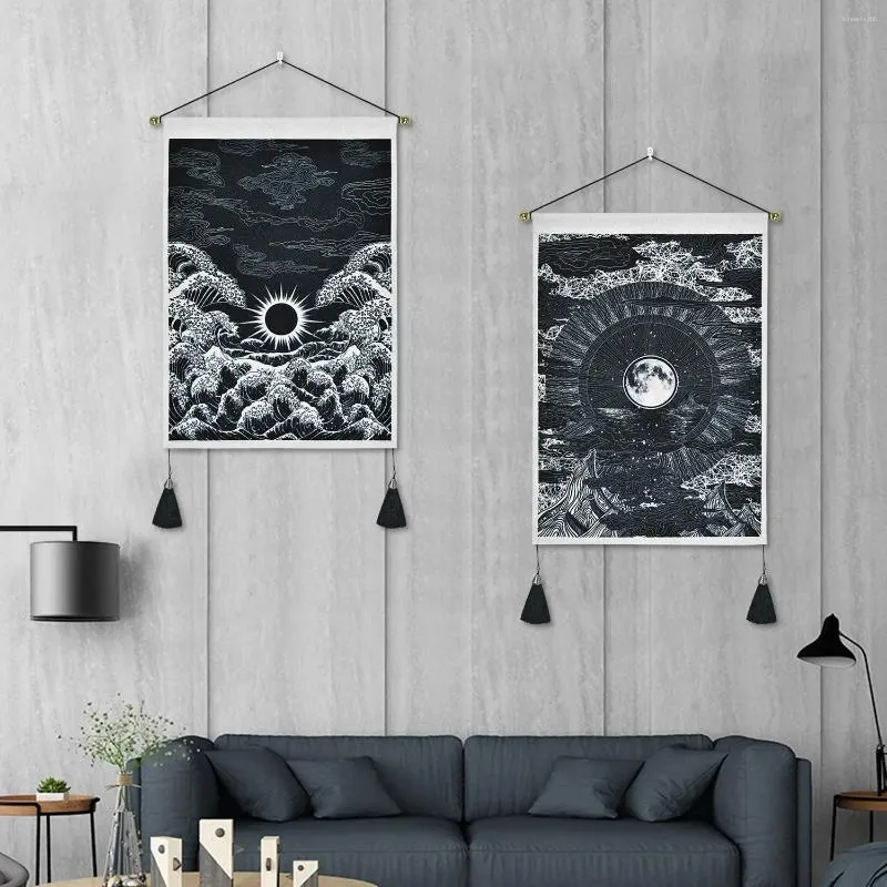 Tapices Sol y luna Tapestería Muro Wave Hanging Wave Bohemian Black White Decoración del hogar
