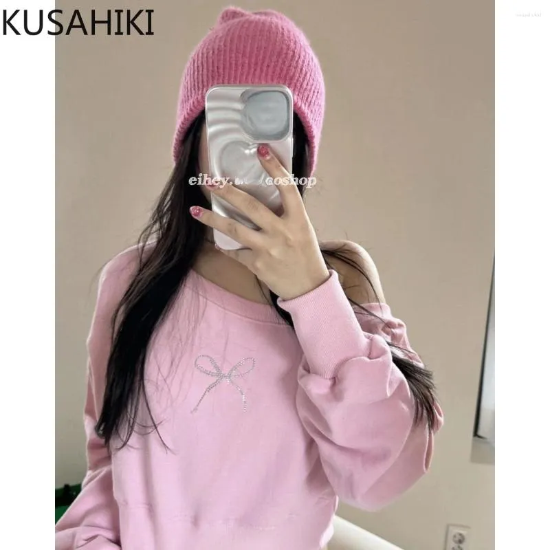 Women's Hoodies KUSAHIKI Strapless Sexy Fashion Long Sleeve Short Pullover Sweatshirt Women Autumn Jumper 2024 Chic Diamonds Bowknot Tops