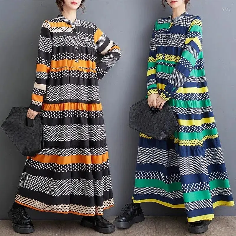 Casual Dresses Clothes 2024 Korean Autumn Large Size Women's Dress Loose Slim Fashion Long Sleeve Printed Mid Length Stripe Z3549