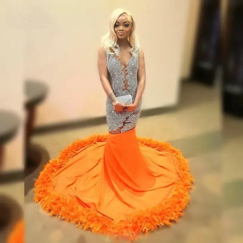 Orange Satin Prom Dresses For Black Girl Glitter Plus Size Beades Feathers Party Gowns Vestidos De Gala