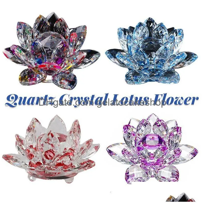 Dekorativa föremål Figurer 120mm Quartz Crystal Lotus Flower Crafts Glass Candlestick Fengshui Ornament Home Wedding Party Deco DHF4U