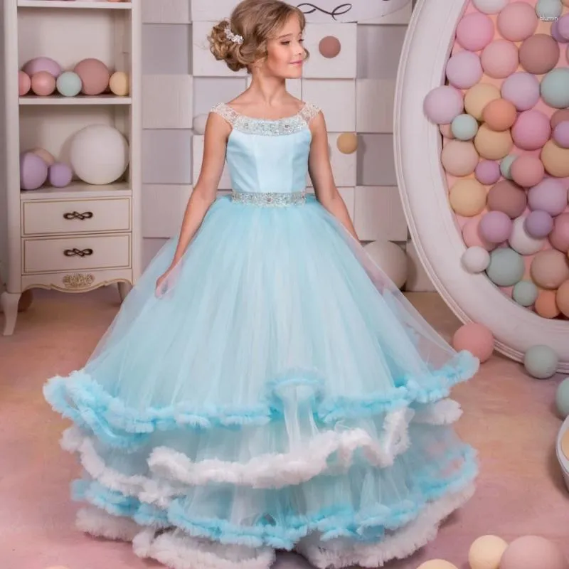 Sukienki dla dziewczyn elegancka niebieska sukienka kwiatowa na ślub księżniczka Tiul Ruffles Frezowa suknia balowa