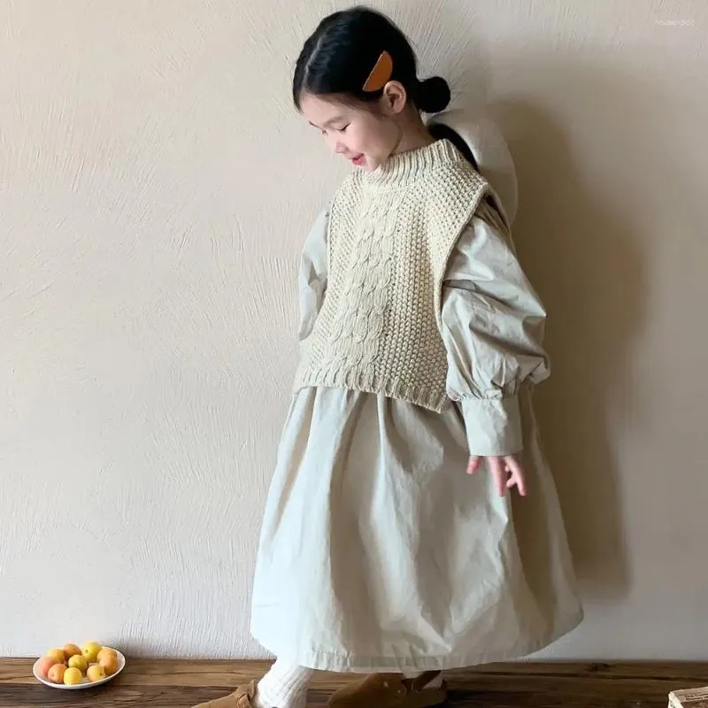 Meisje Jurken Herfst Koreaanse Effen Bubble Mouw Kinderen Prinses Jurk Kleding Voor Meisjes Losse Gebreide Vest Kleding Set Vestidos
