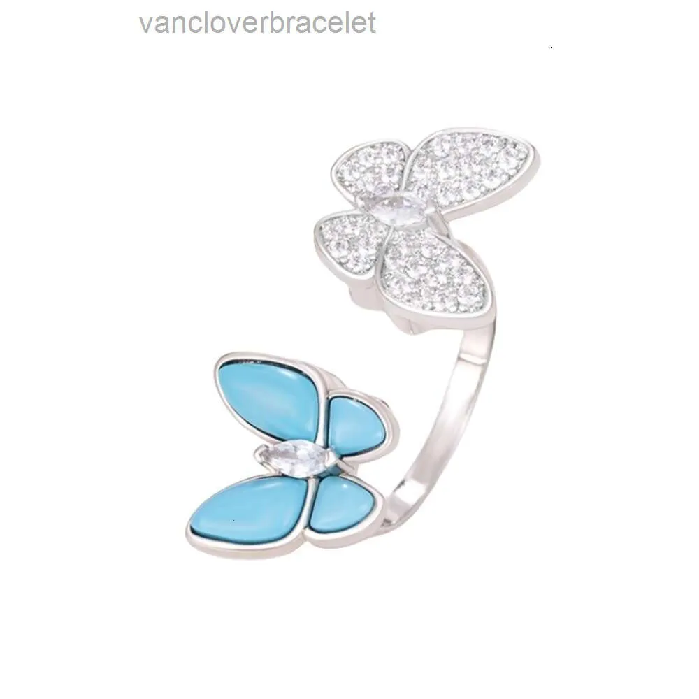 Anéis Van Clover Cleef Designer Luxo Moda Feminina Nova Borboleta Turquesa Azul Dupla Borboleta Série V Ouro Diamante Completo Versátil Anéis Simples