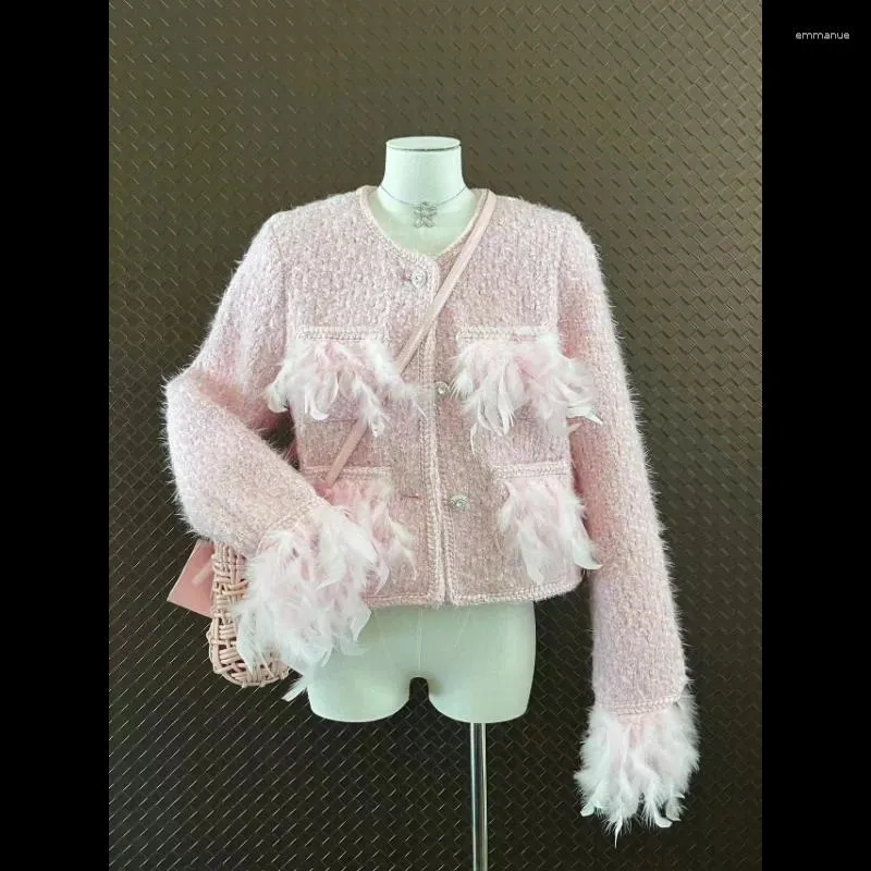 Women's Jackets Small Fragrance French Feather Stitching Tweed Coat Women Round Neck Sweet Long Sleeve Pink White Autumn Winter Lady