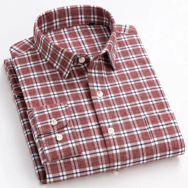Paski męskie paski standardowe flanelowe koszule z długim rękawem Wygodne miękkie szczotkowane 100% bawełniane grube topy gingham koszula 240122