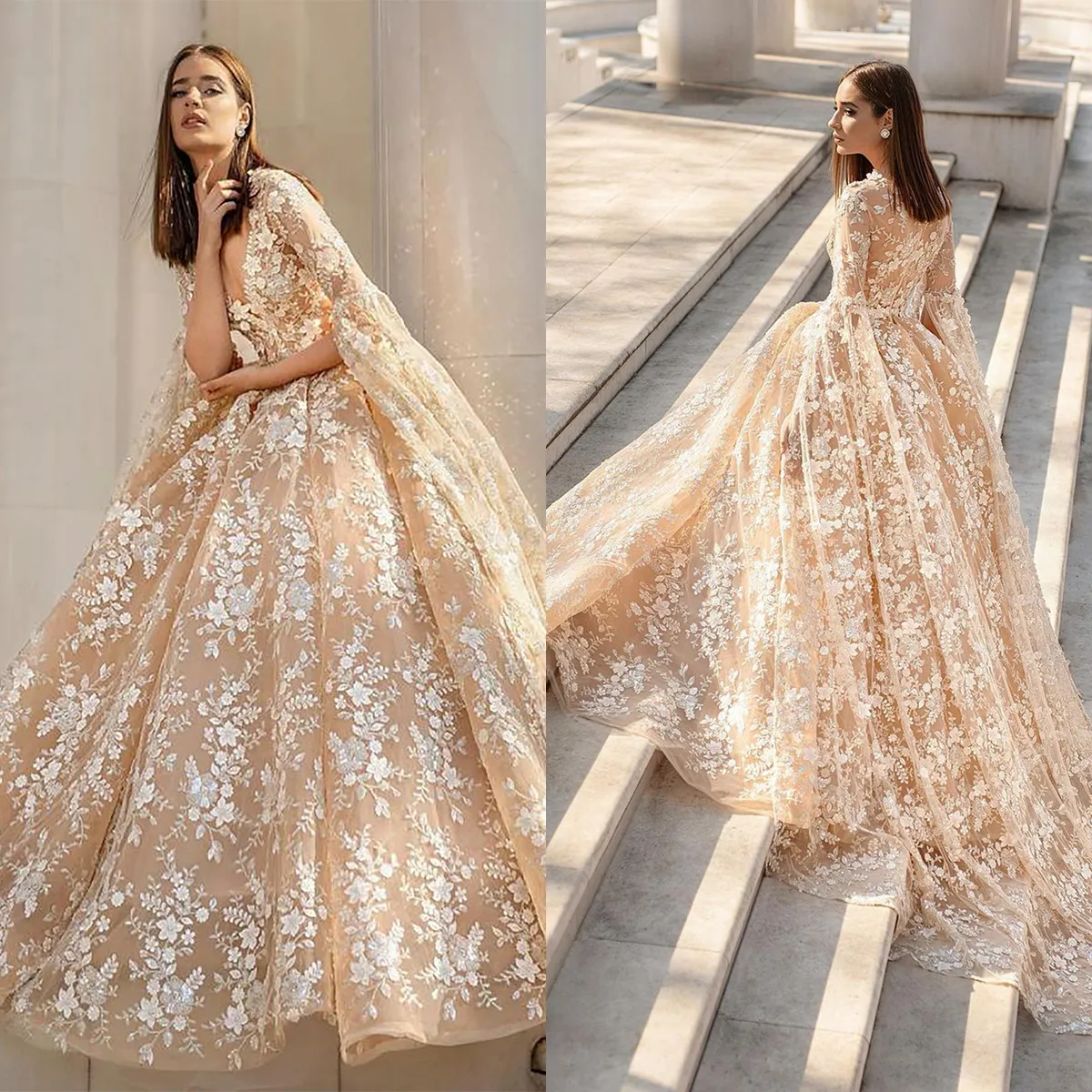 Abiti da sposa eleganti con scollo a V e maniche lunghe con scollo a V Abiti da sposa con applicazioni Sweep Train Abiti da matrimonio principessa realizzati su misura