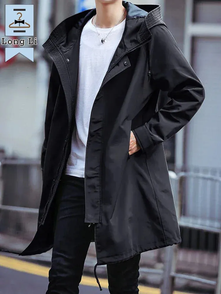 Primavera outono longo trench coat masculino moda com capuz blusão preto casaco casual jaquetas tamanho grande 6xl 7xl 8xl 240118