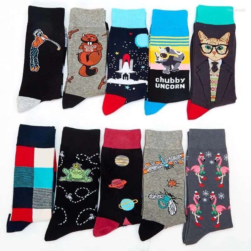 Men's Socks Fashion Combed Cotton Men Casual Harajuku Cartoon UFO Cat Frog Flamingo Hip Hop Skateboard Crew