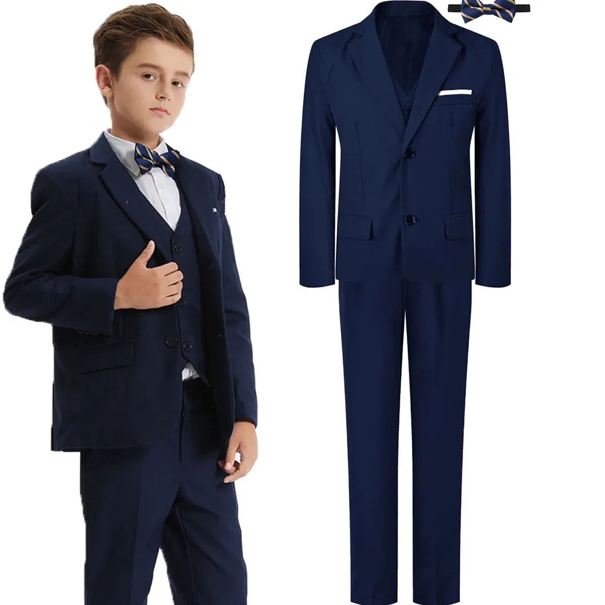 Suit for Kids Boys Wedding Formal Outfit Set Children Gentleman Ring Bearer Clothings Perform Tuxedo Vest Pants Blazer 3PCS 240119