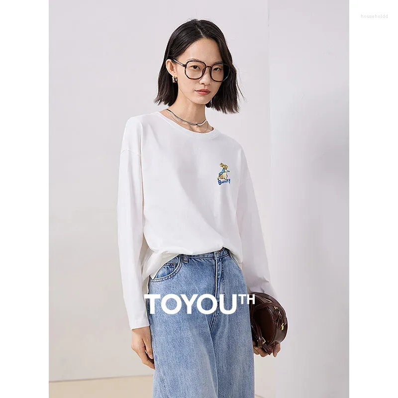 Kvinnors T-skjortor Toyouth Women Tees 2024 Autumn Long Sleeve Round Neck Loose T-shirt Tryck Bomull Casual All Match Basic Tops