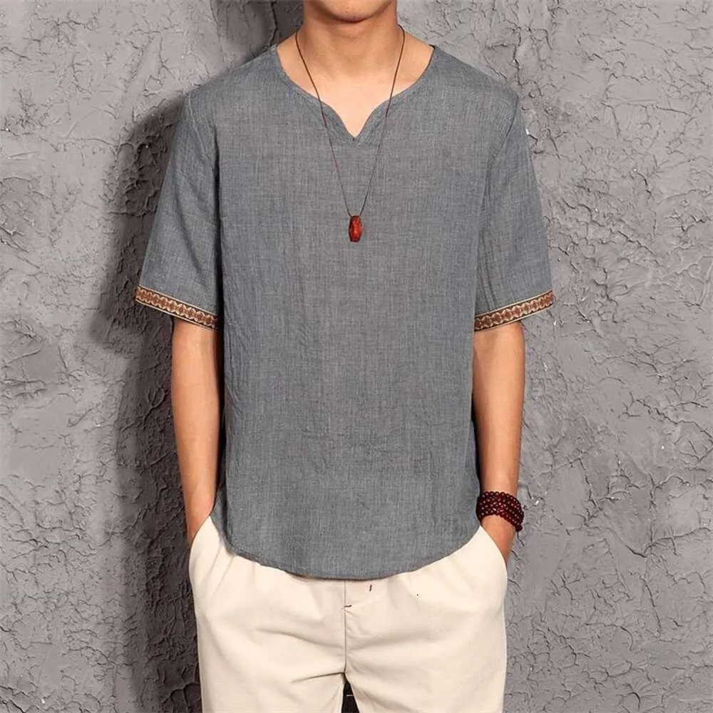 Summer New Men's Linen Short Sleeved T-Shirt With Chinese Style V-Neck Contrast Color Trendy Men's Cotton And Linen Large Casual T-Shirt Thin Style
