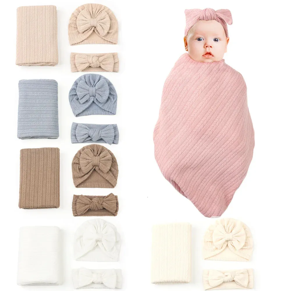Ensemble de 3 pièces, couverture de réception en mousseline, sac de couchage pour bébé, chapeau de couleur unie, bandeau 240131